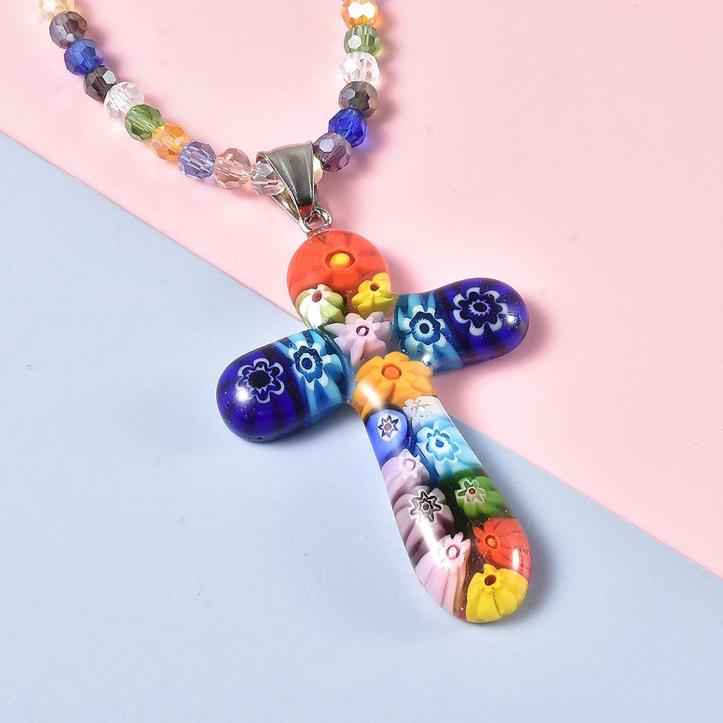 Multi Color Murano Style Glass & Multi Color Crystal Necklace (Size - 20)