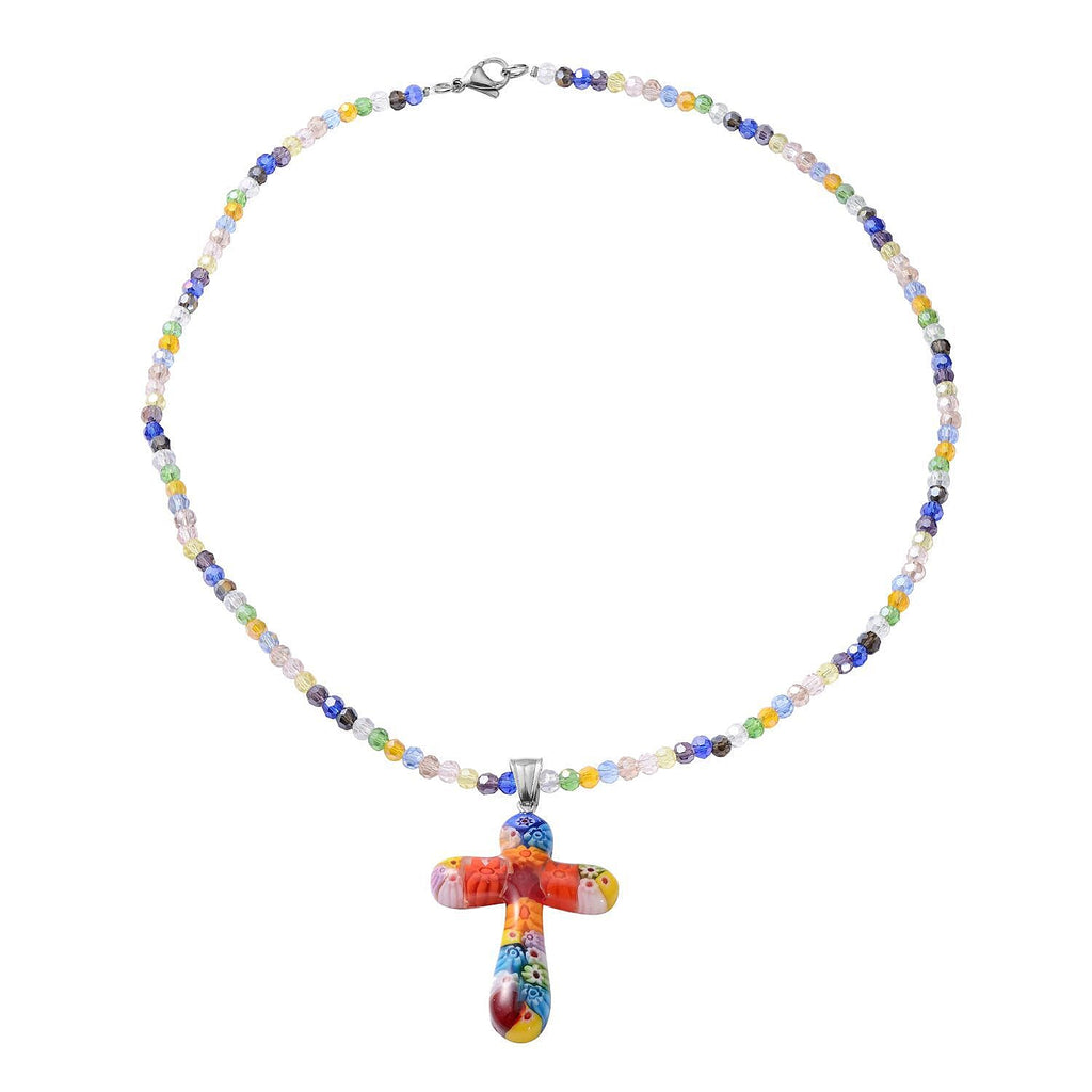 Multi Color Murano Style Glass & Multi Color Crystal Necklace (Size - 20)