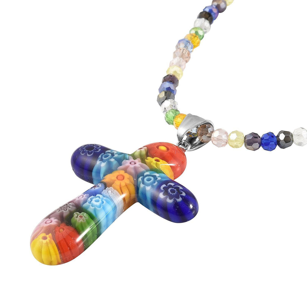 Multi Color Murano Style Glass & Multi Color Crystal Necklace (Size - 20)