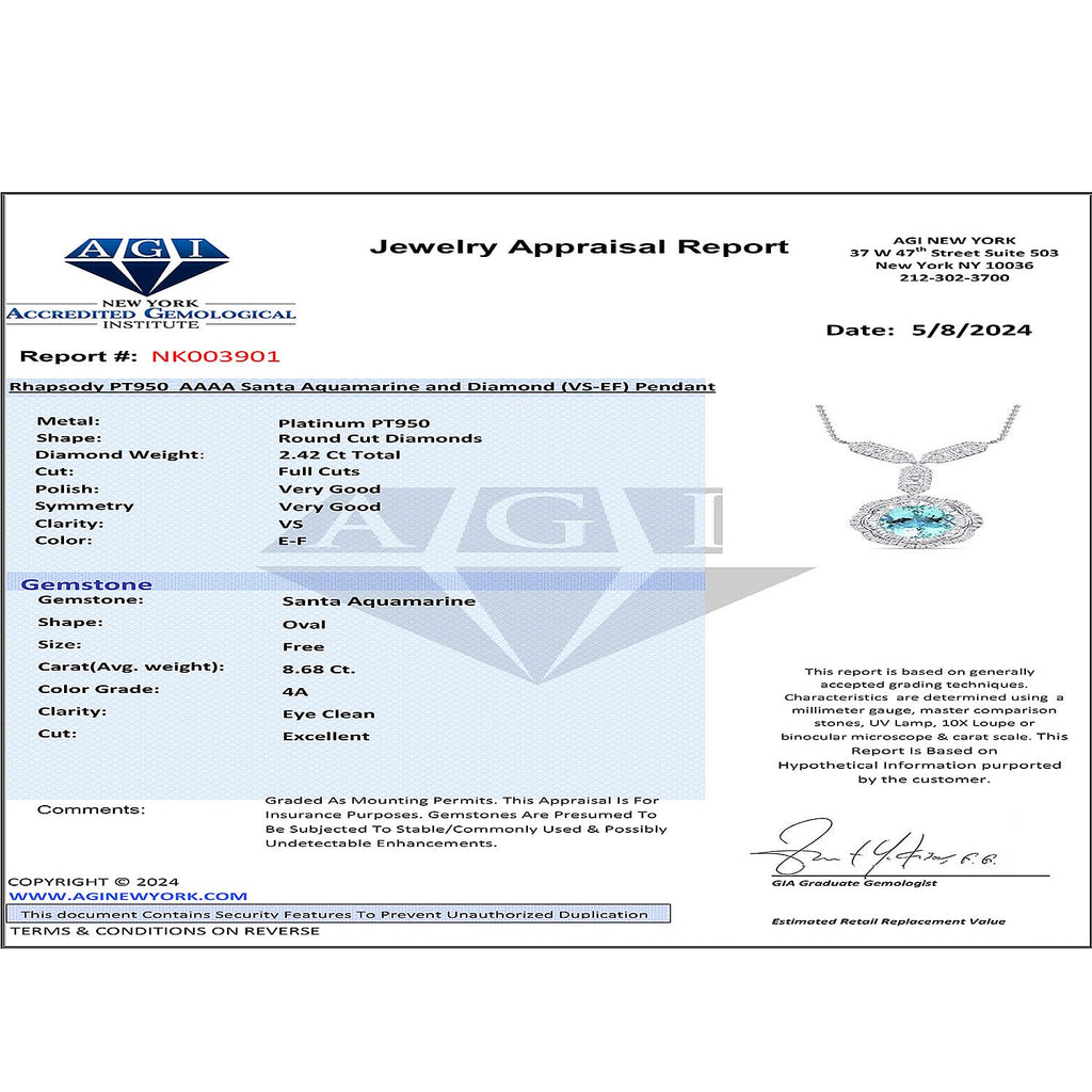Certified and Appraised RHAPSODY 950 Platinum AAAA Santa Maria Aquamarine, Diamond Necklace 11.10 Ct