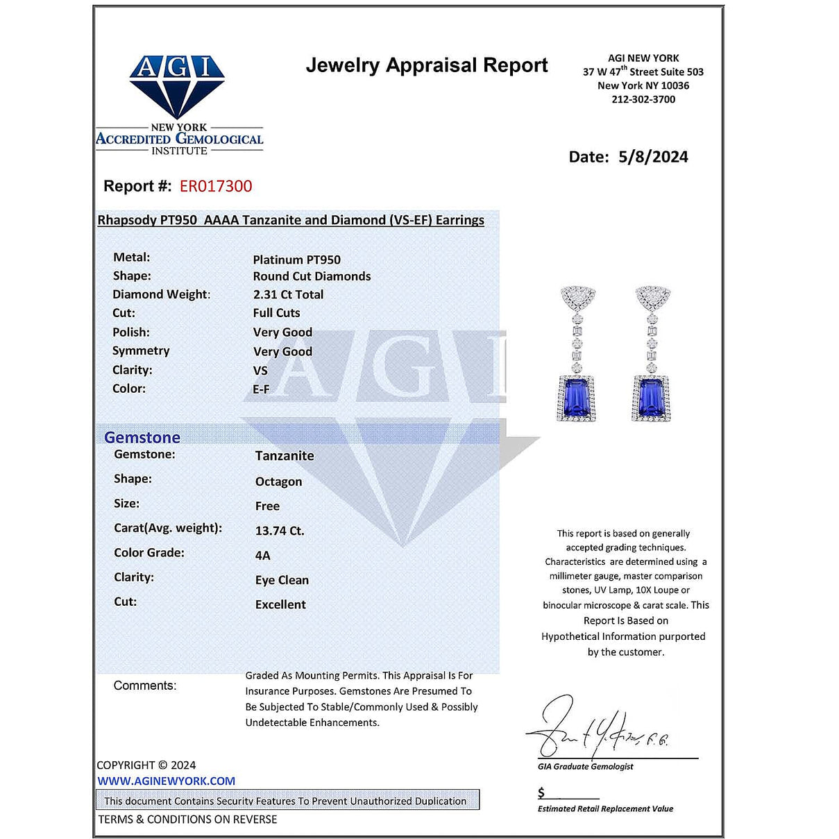 Certified &amp; Appraised RHAPSODY AAAA Tanzanite, Diamond Dangle Earrings in 950 Platinum 16 Ct. 7768924 8
