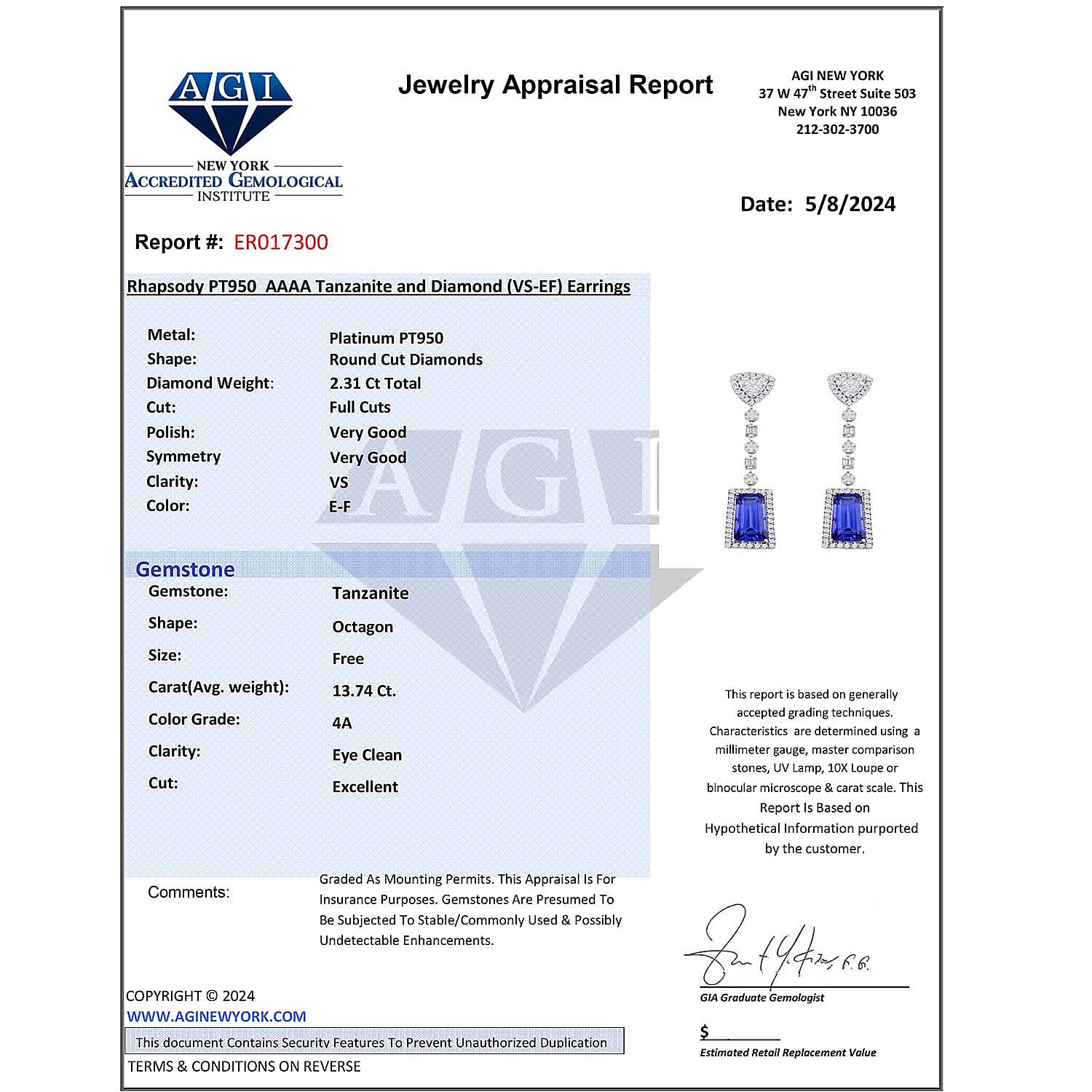 Certified &amp; Appraised RHAPSODY AAAA Tanzanite, Diamond Dangle Earrings in 950 Platinum 16 Ct. 7768924 8