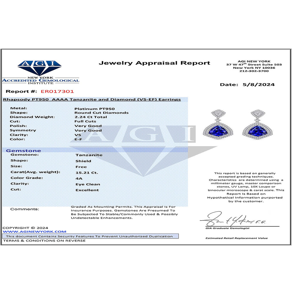 Chairmans Vault Collection - Certified and Appraised RHAPSODY 950 Platinum AAAA Tanzanite, Diamond  (VS-E-F) Earrings 17.45 ct. Pt. Wt. 18.29 Grams