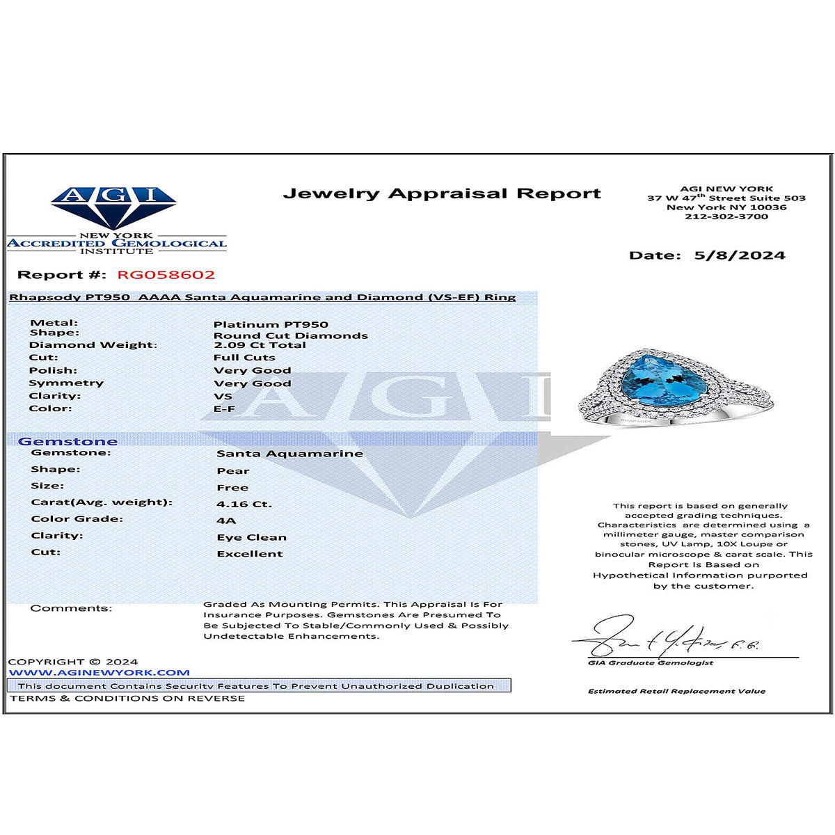 Chairman Vault Collection - RHAPSODY 950 Platinum AGI Certified AAAA Santamaria Aquamarine and Diamond Ring 6.25 Ct 7769465 6