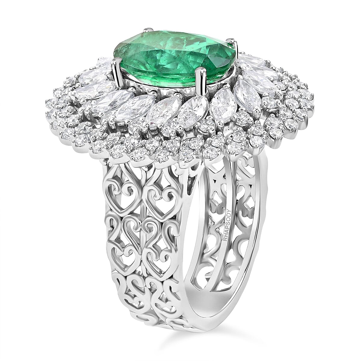 Chairman Vault Collection Certified &amp; Appraised RHAPSODY AAAA Kagem Zambian Emerald,  Diamond Floral Ring in 950 Platinum 5.45 Ct. (E-F VS) 7769562 3