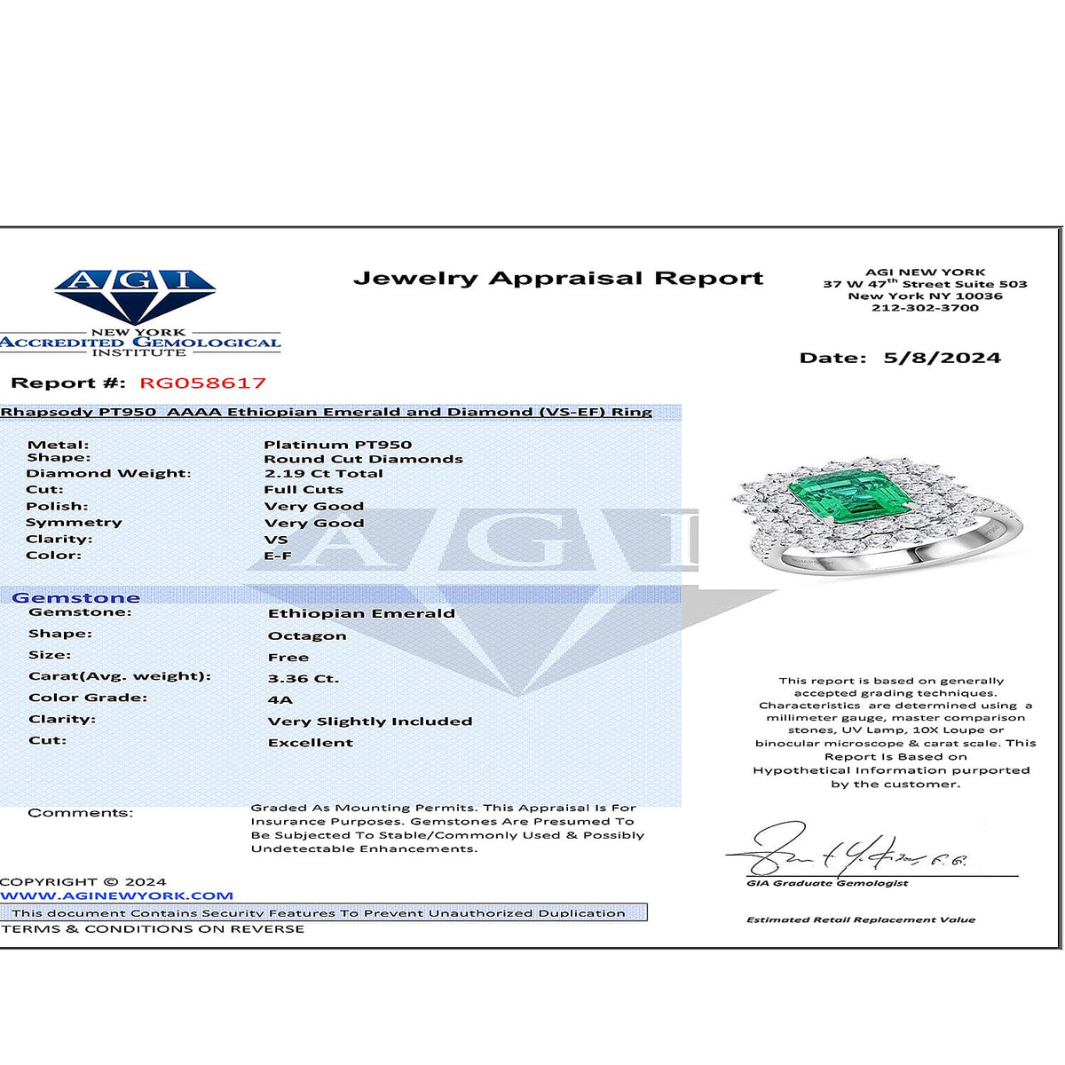 Chairman Vault: Certified and Appraised Ring with AAAA Grade Ethiopian Emerald and Diamond Double Halo in 950 Platinum 7769625 5