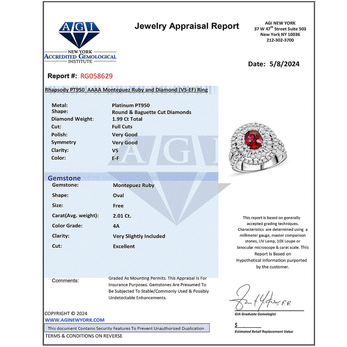 Appraised and Certified 4 Ct. Ruby, Diamond Halo Ring in 950 Platinum 7769674 9