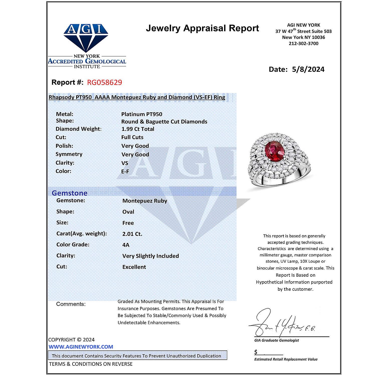 Appraised and Certified 4 Ct. Ruby, Diamond Halo Ring in 950 Platinum 7769674 9