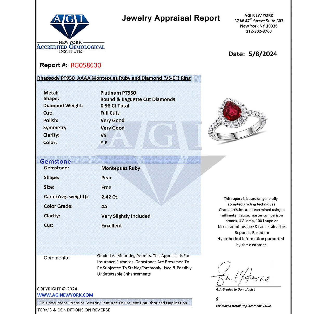 Chairman Vault Collection - Certified and Appraised RHAPSODY 950 Platinum AAAA Montepuez Ruby, White Diamond VS Ring 3.40 Ct. 7769686 8
