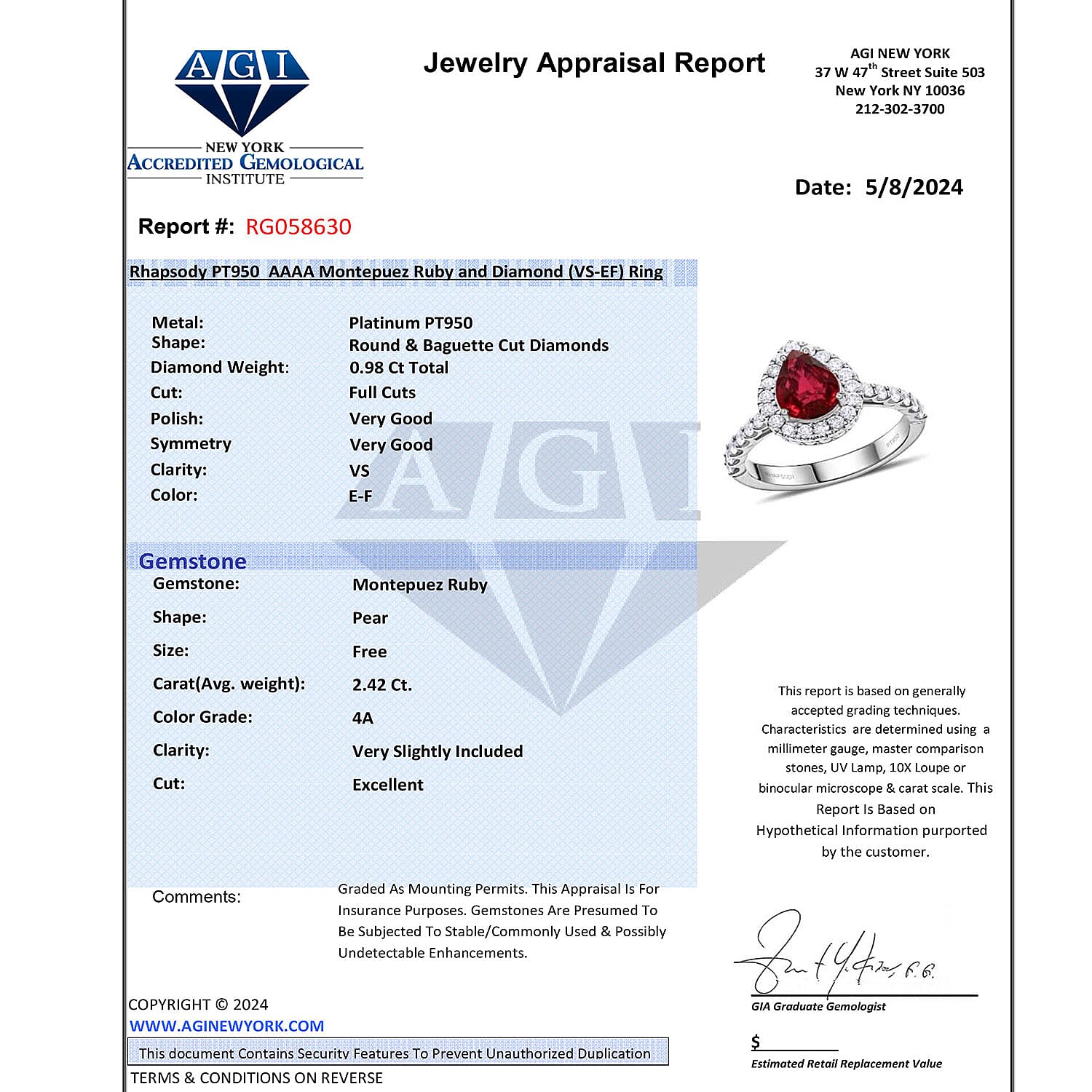 Chairman Vault Collection - Certified and Appraised RHAPSODY 950 Platinum AAAA Montepuez Ruby, White Diamond VS Ring 3.40 Ct. 7769686 8