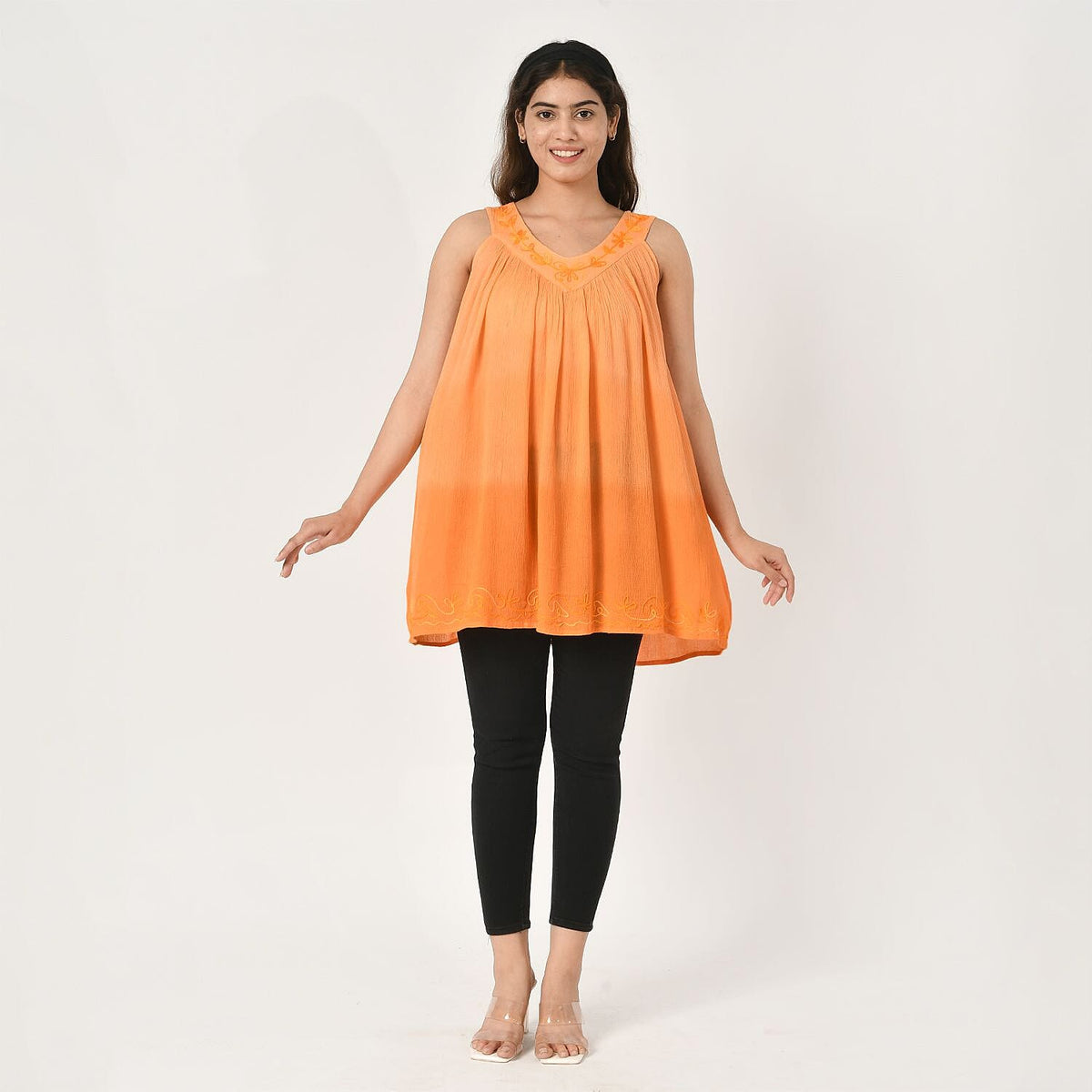 Tamsy Tie Dye Sleeveless Embroidered Tunic Top (One Size) - Orange 7771306 0