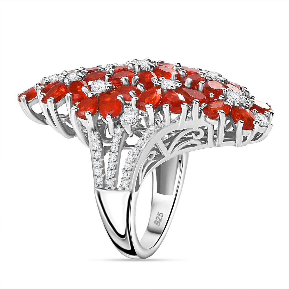 Natural Salamanca Fire Opal &amp; Natural Zircon Cluster Floral Ring in Platinum Overlay Sterling Silver 5.96 Ct. 7771990 3