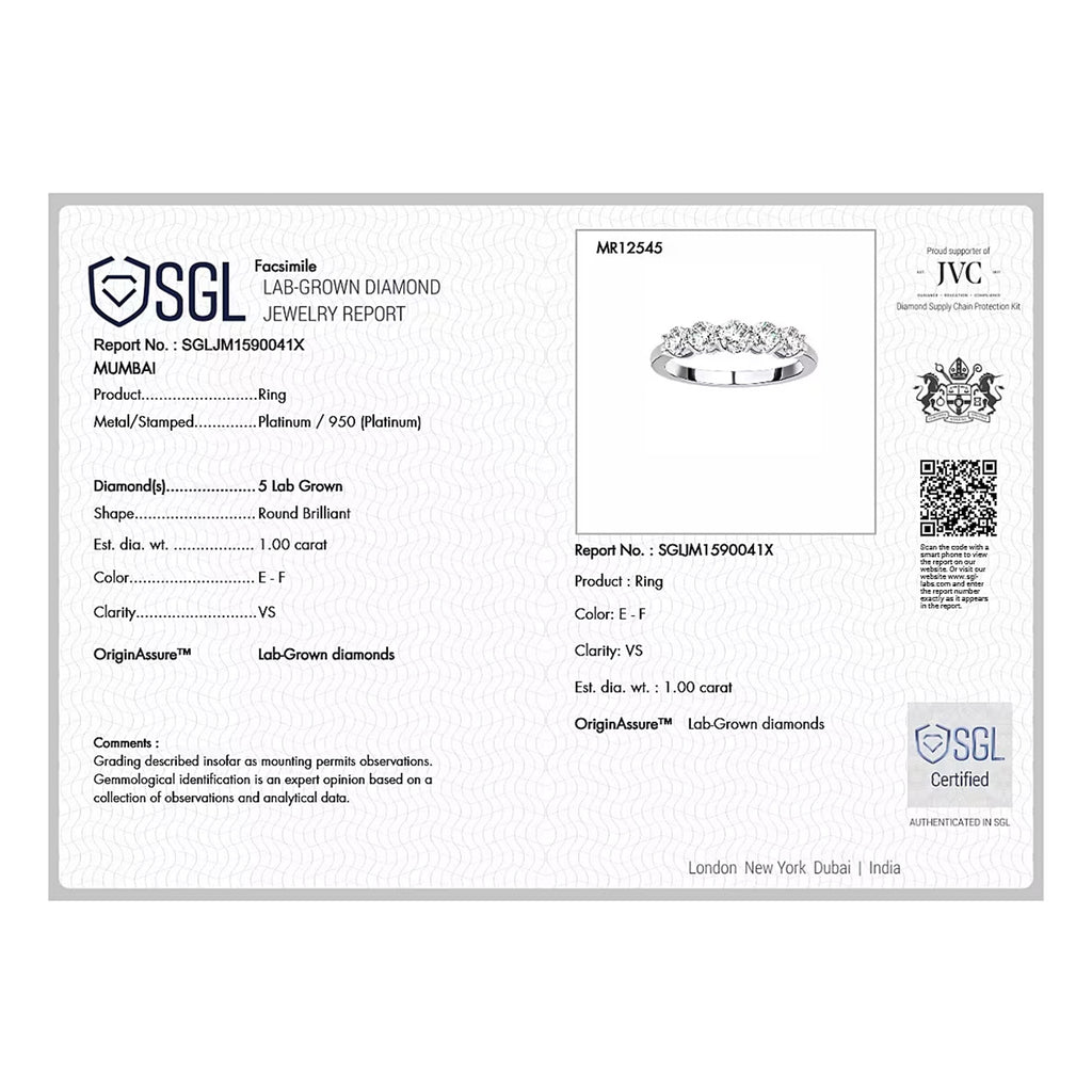 Luxuriant 950 Platinum SGL Certified (VS/EF) Lab Grown Diamond 5 Stone Ring 1.00 Ct. Platinum Wt 4.00 Gms_7772606_6