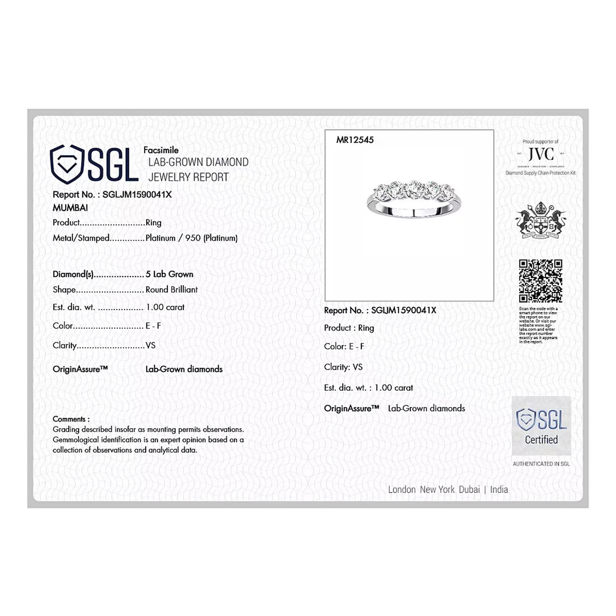 LUXURIANT SGL Certified 1 Ct. Lab Grown Diamond VS E-F 5 Stone Ring in 950 Platinum 7772606 7