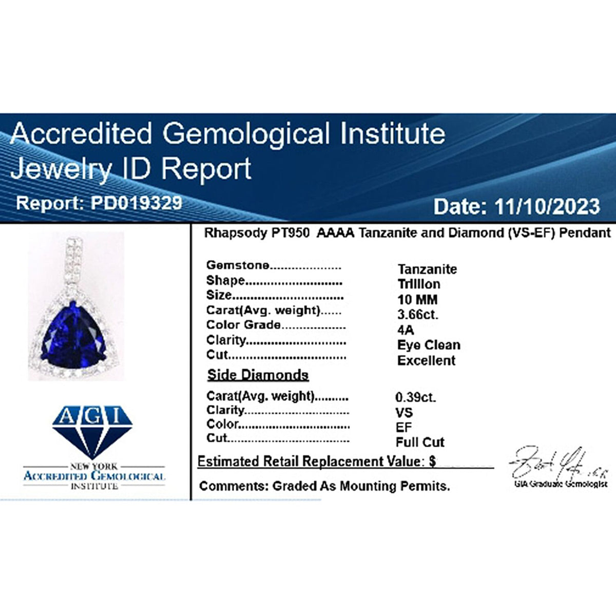 Appraised and Certified 4.05 Ct. Tanzanite, Diamond Halo Pendant in 950 Platinum 7772919 5