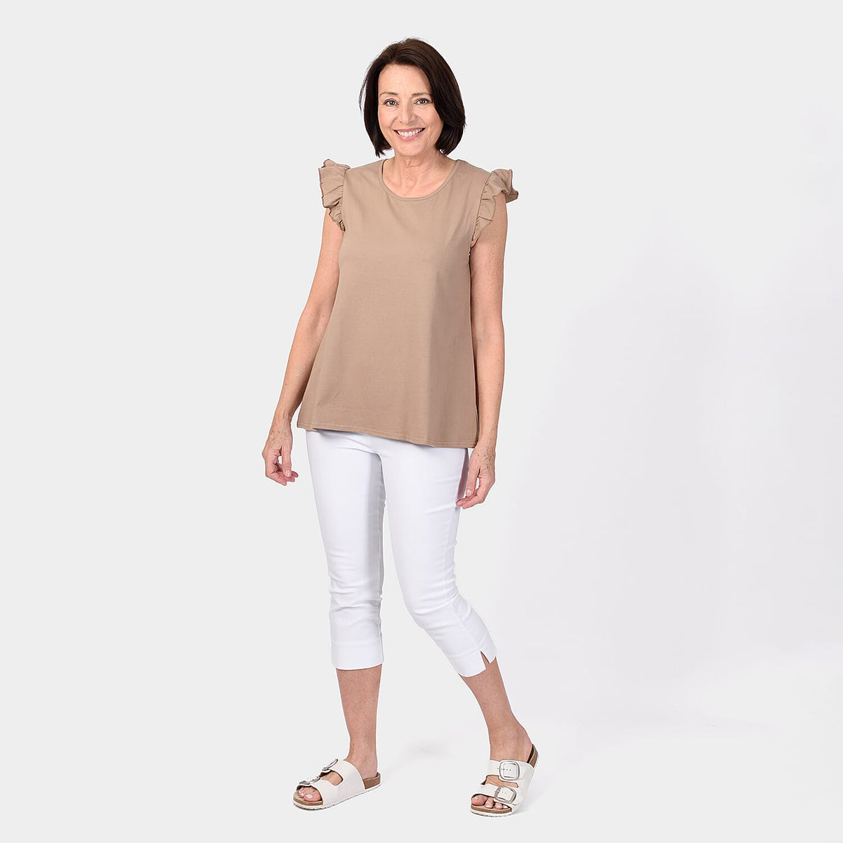 Maison Frill Sleeve Vest (Size S, 8-10) - Camel V32573931 0