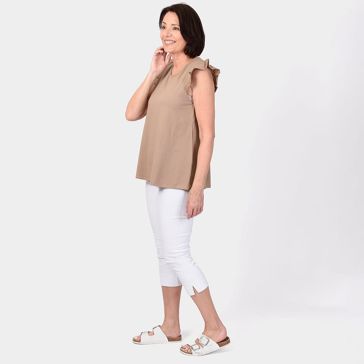 Maison Frill Sleeve Vest (Size S, 8-10) - Camel V32573931 1