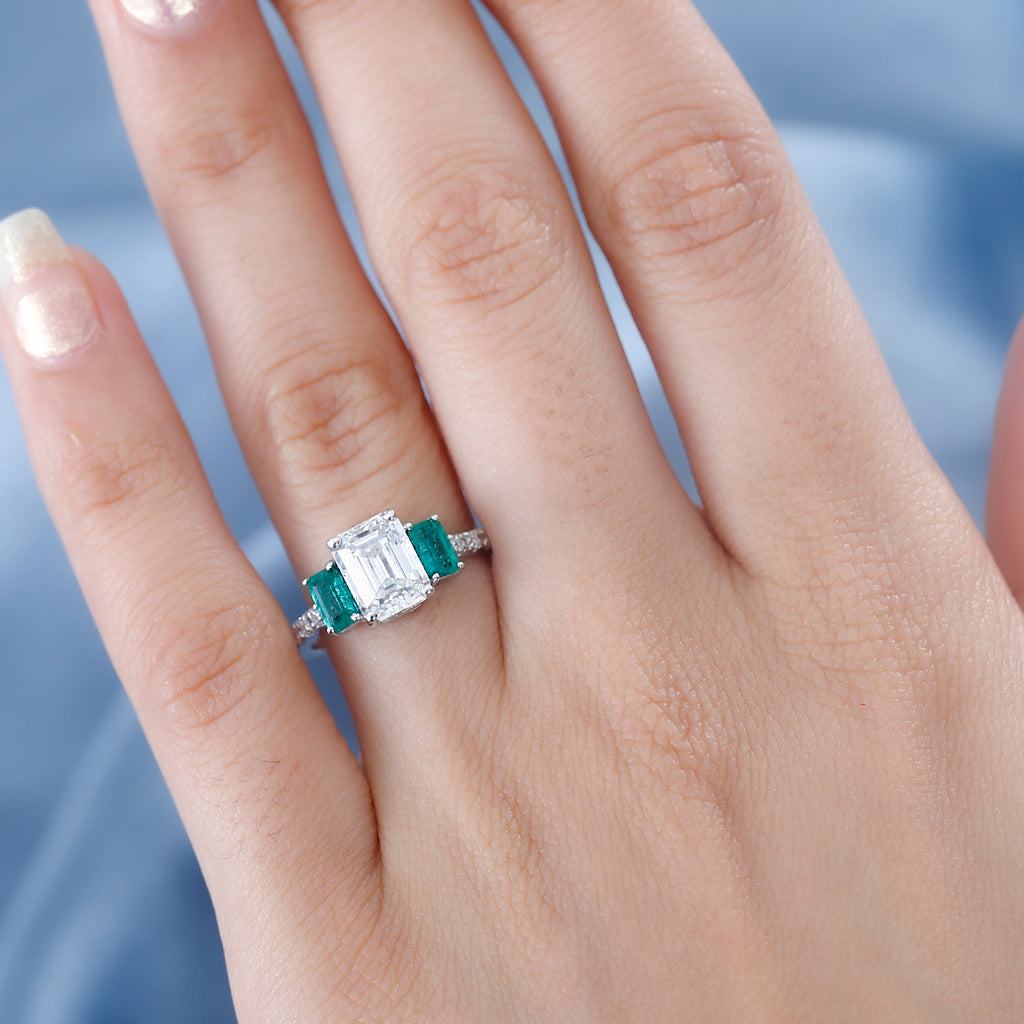Moissanite & Emerald Ring in Rhodium Overlay Sterling Silver 2.26 Ct_7780365_2