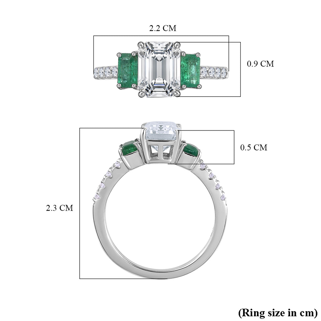 Moissanite & Emerald Ring in Rhodium Overlay Sterling Silver 2.26 Ct_7780365_5