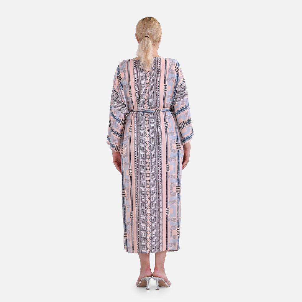 Closeout Deal: Bohemian Style Beige Multi-Stripe Long Wrap Kimono (One Size)_7780514_1