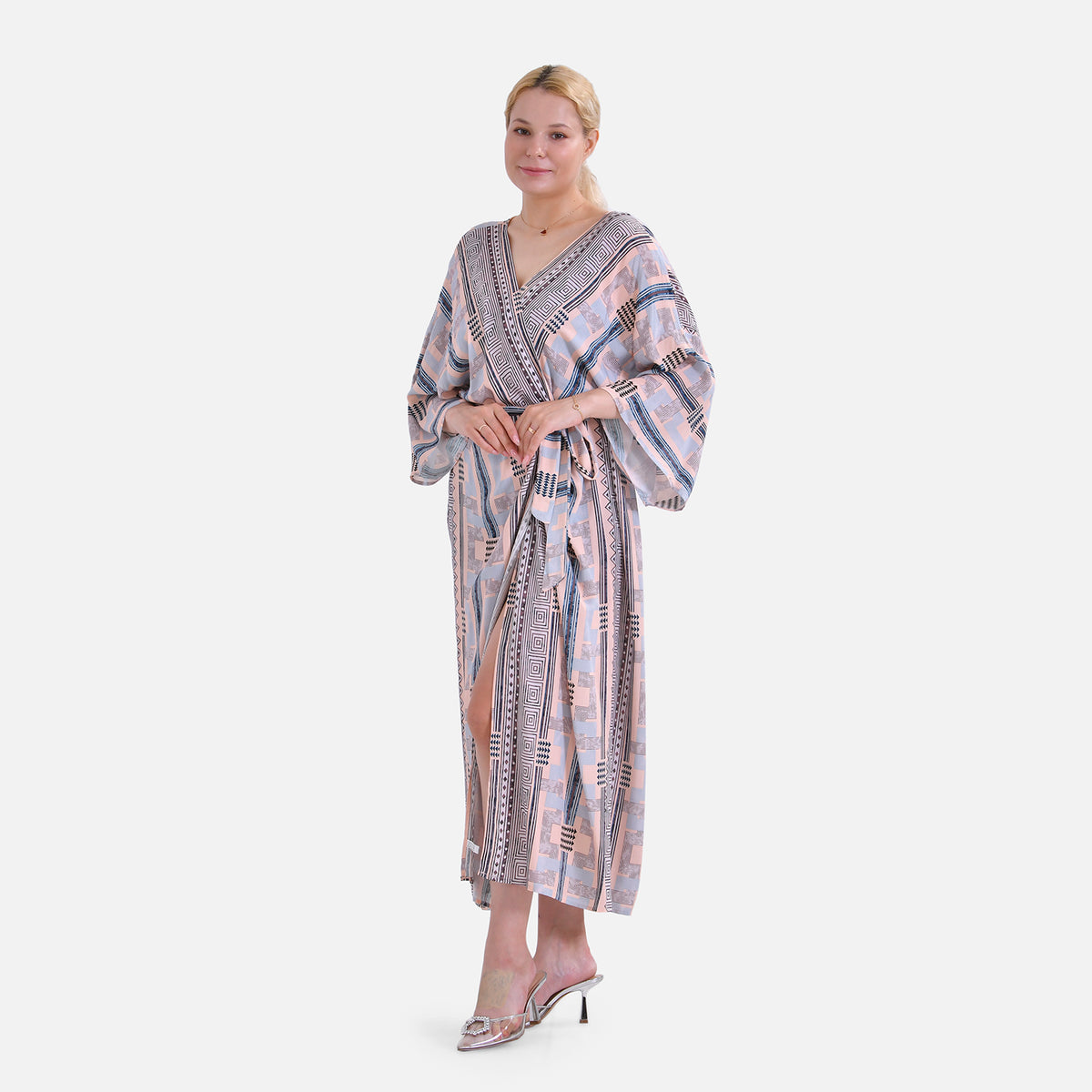 Closeout Deal: Bohemian Style Beige Multi-Stripe Long Wrap Kimono (One Size) V32536096 3