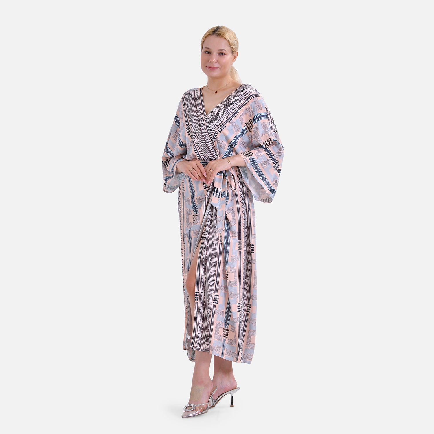 Closeout Deal: Bohemian Style Beige Multi-Stripe Long Wrap Kimono (One Size) V32536096 3