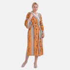 Closeout Deal: Stylish Long Sleeves Wrap Kimono with Geometric Stripe Print - Gold_7780515
