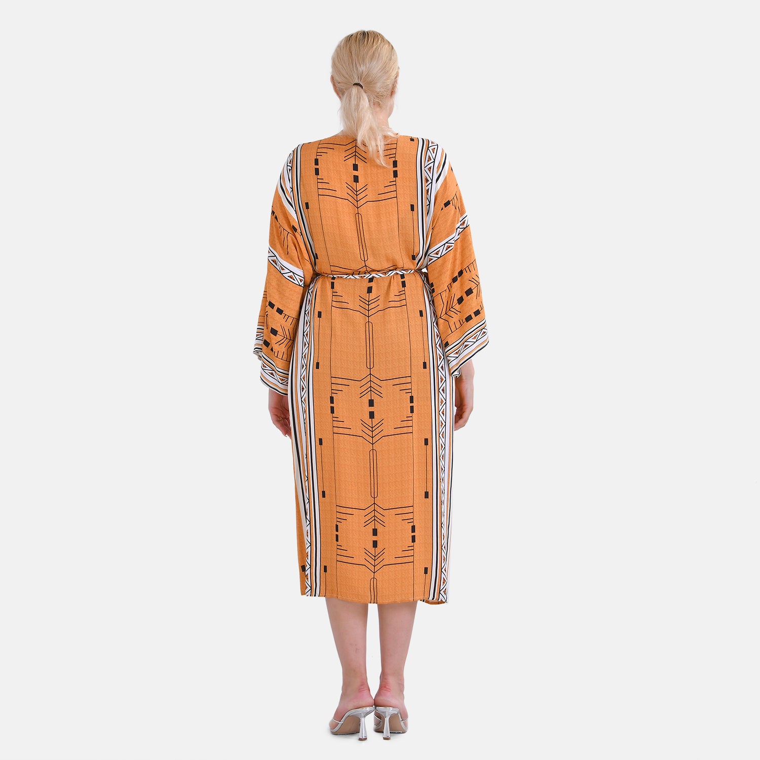 Closeout Deal: Stylish Long Sleeves Wrap Kimono with Geometric Stripe Print - Gold V32519709 2