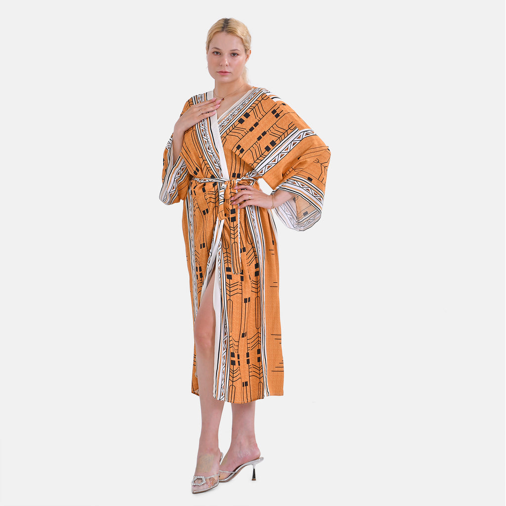 Closeout Deal: Stylish Long Sleeves Wrap Kimono with Geometric Stripe Print - Gold_7780515_2