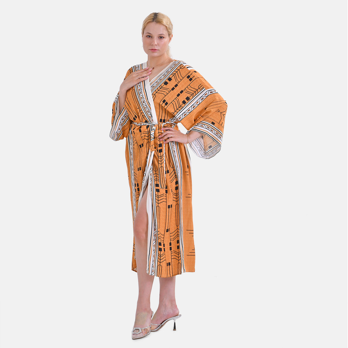 Closeout Deal: Stylish Long Sleeves Wrap Kimono with Geometric Stripe Print - Gold V32519709 3