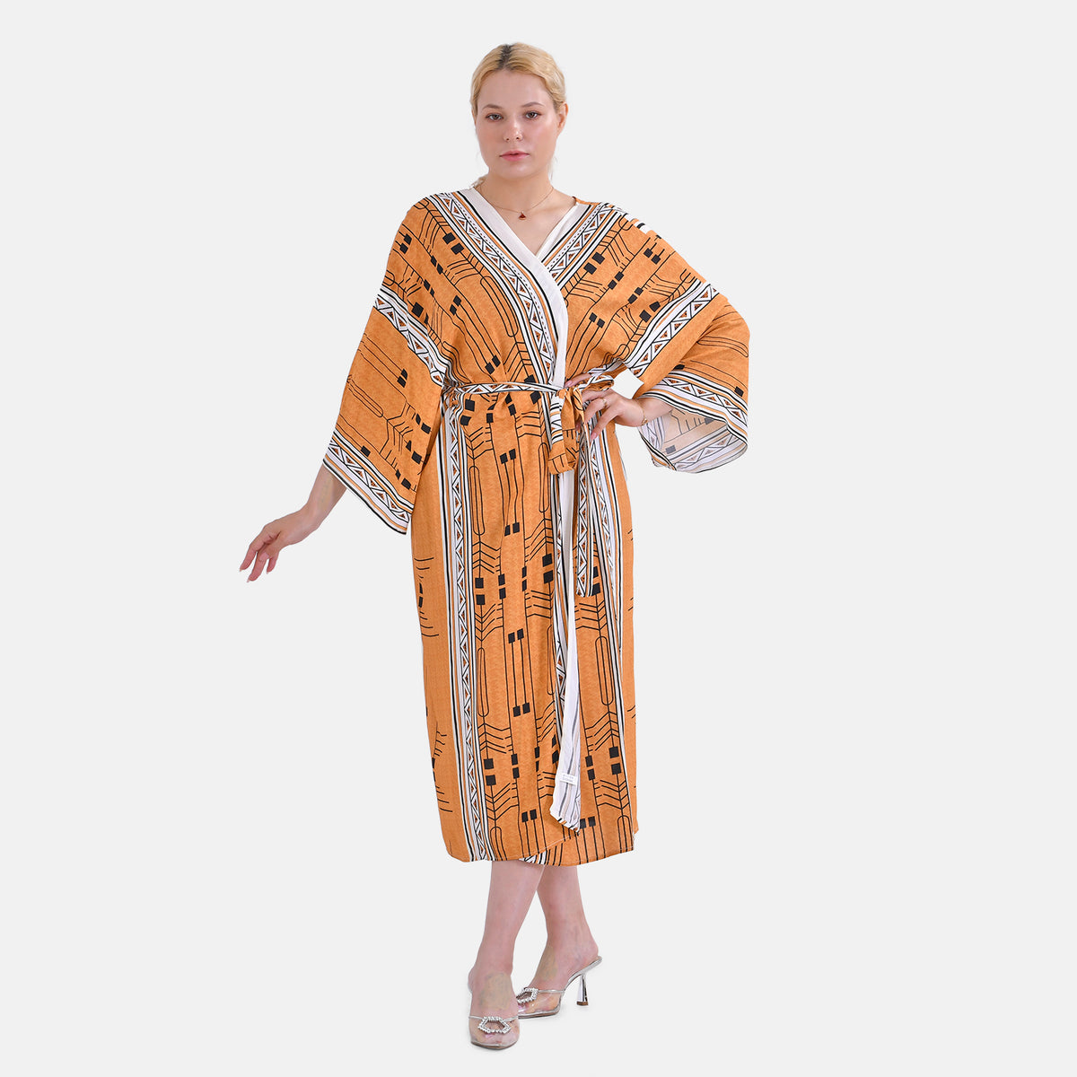 Closeout Deal: Stylish Long Sleeves Wrap Kimono with Geometric Stripe Print - Gold V32519709 4
