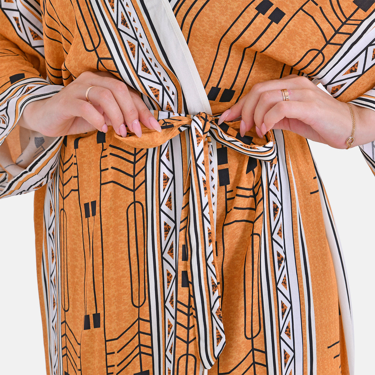 Closeout Deal: Stylish Long Sleeves Wrap Kimono with Geometric Stripe Print - Gold V32519709 5