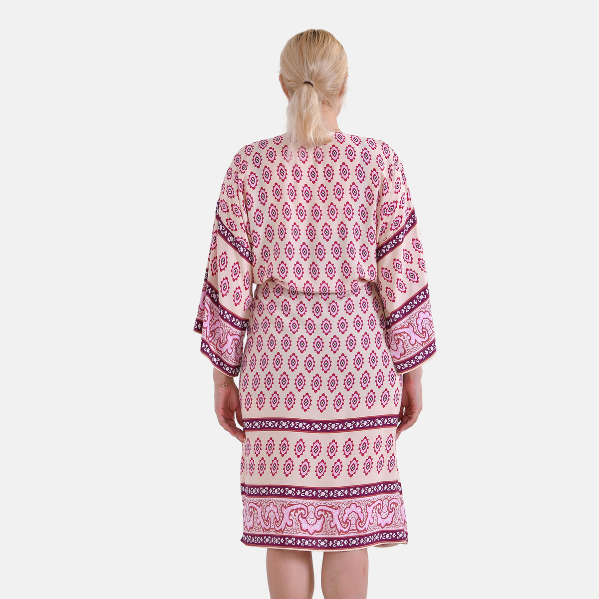 Tamsy Floral Paisley Tie Waist Kimono Dress (Onesize) - Pink &amp; White V32530848 3