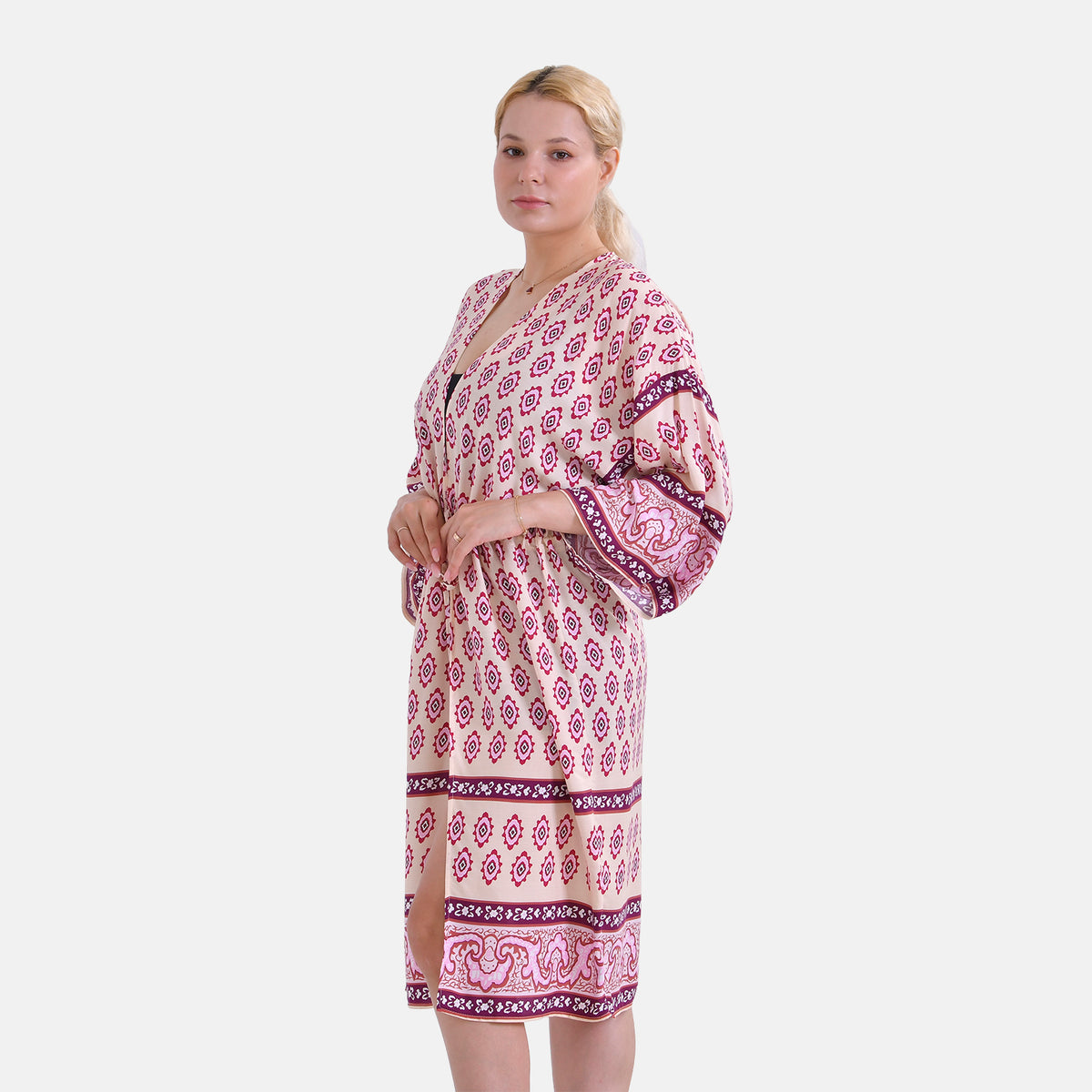 Tamsy Floral Paisley Tie Waist Kimono Dress (Onesize) - Pink &amp; White V32530848 4