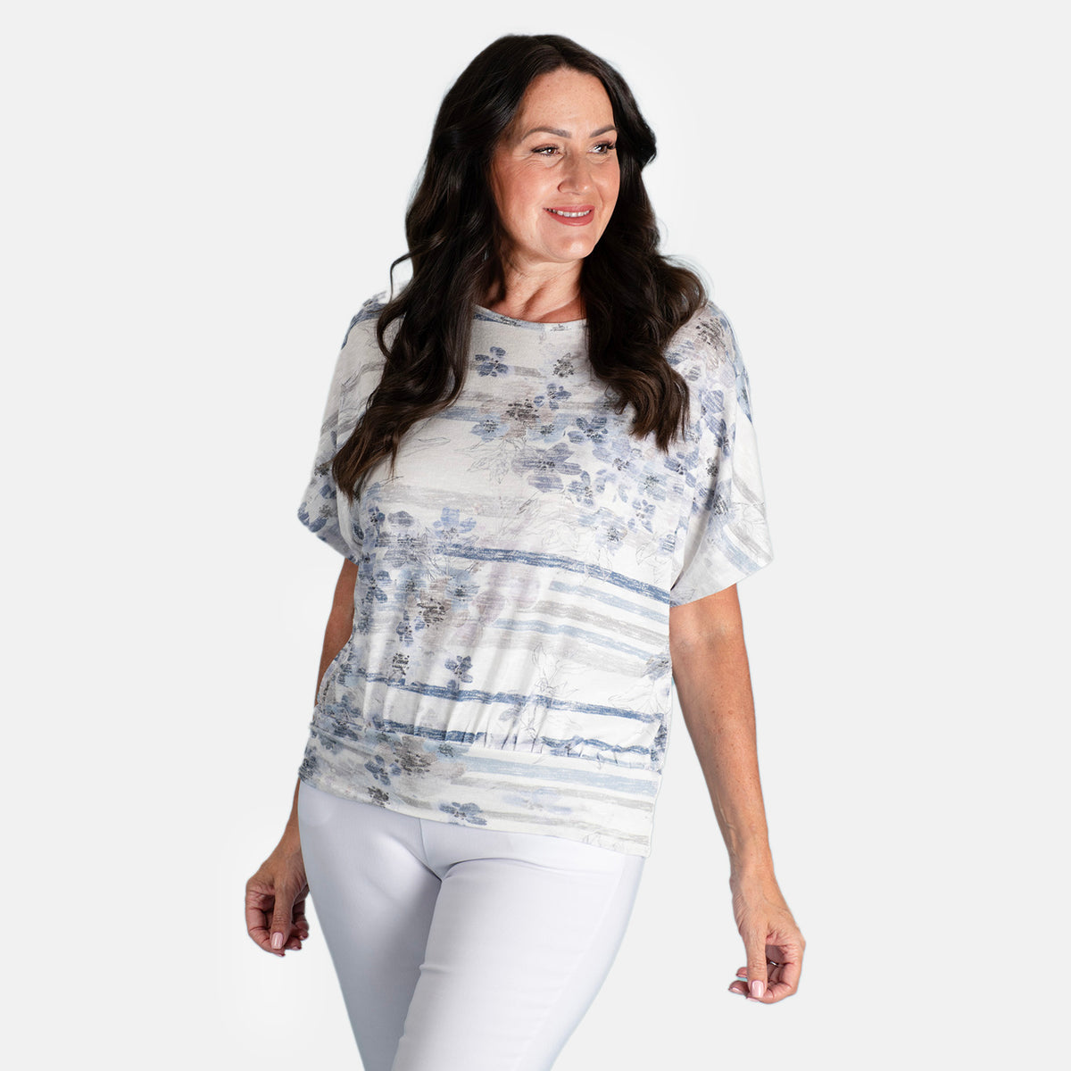 Closeout Deal Batwing Printed Top (Size 10) - Blue V32615589 1