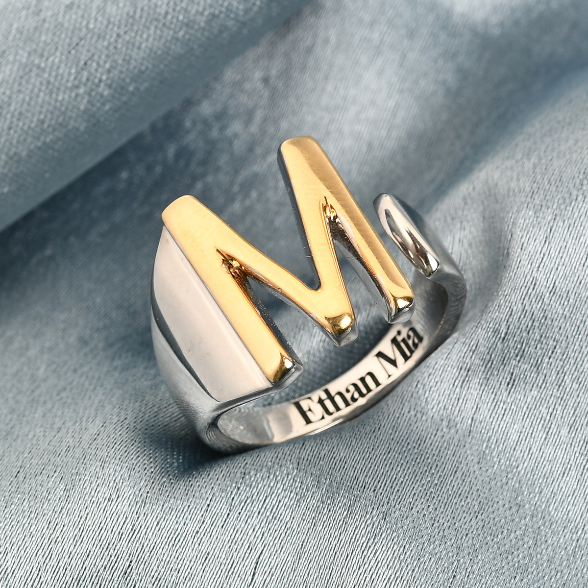 Personalised Engravable Initial M Ring in Yellow Gold Tone 7785329 1