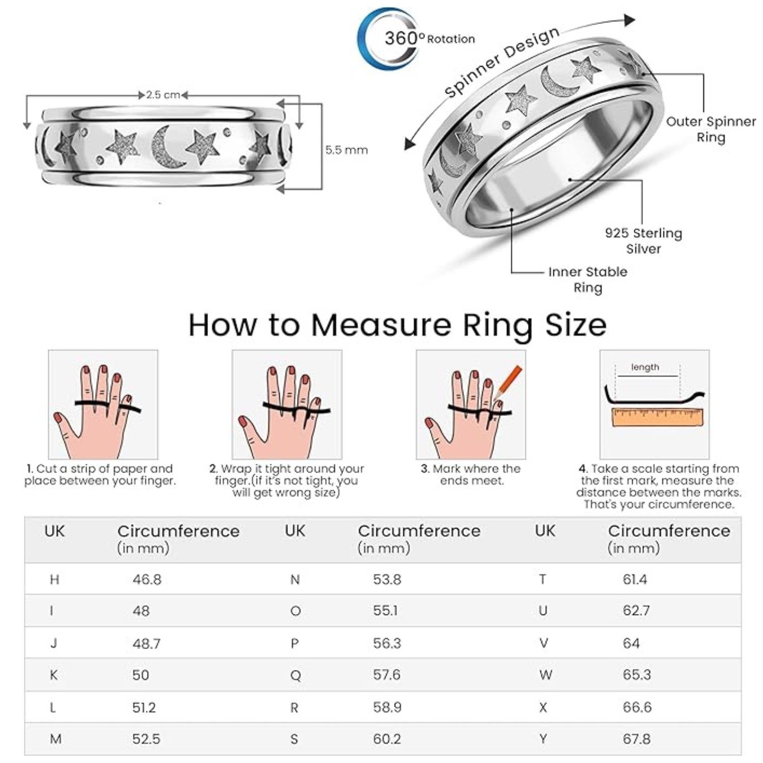 D'Joy Platinum Overlay Sterling Silver Moon &amp; Star Spinner Ring 7785684 7