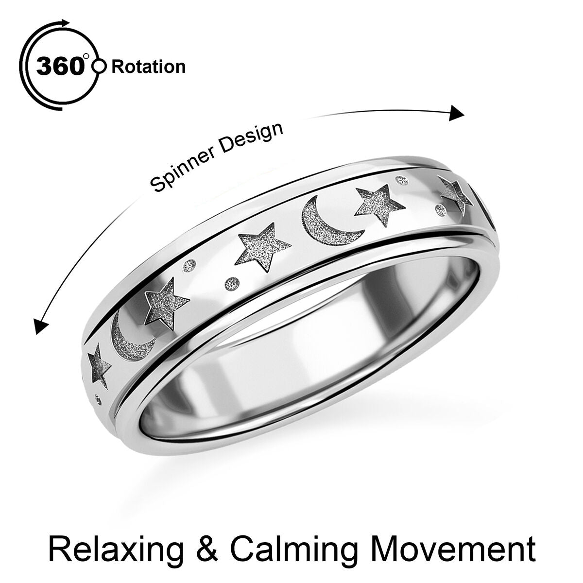 D'Joy Platinum Overlay Sterling Silver Moon &amp; Star Spinner Ring 7785684 8