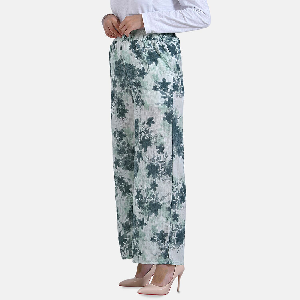 La Marey Floral Print Mid-Rise Elastic Waistband Wide Leg Trouser (Size M) - Green_7788641_2