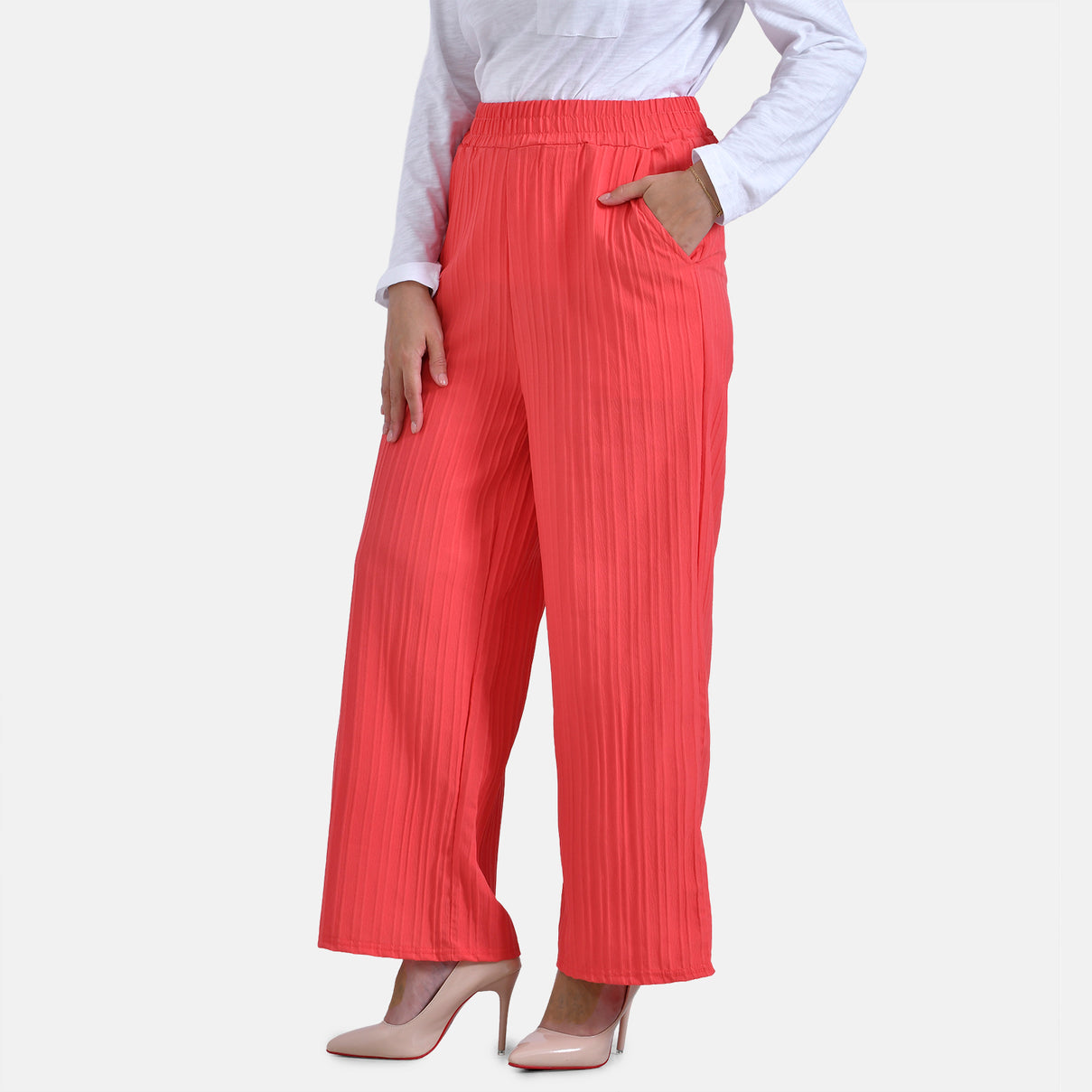 La Marey Womens High Waist Flowy Wide Leg Trousers with Vertical Pleats (Size 12 to 14) - Red V32521992 3