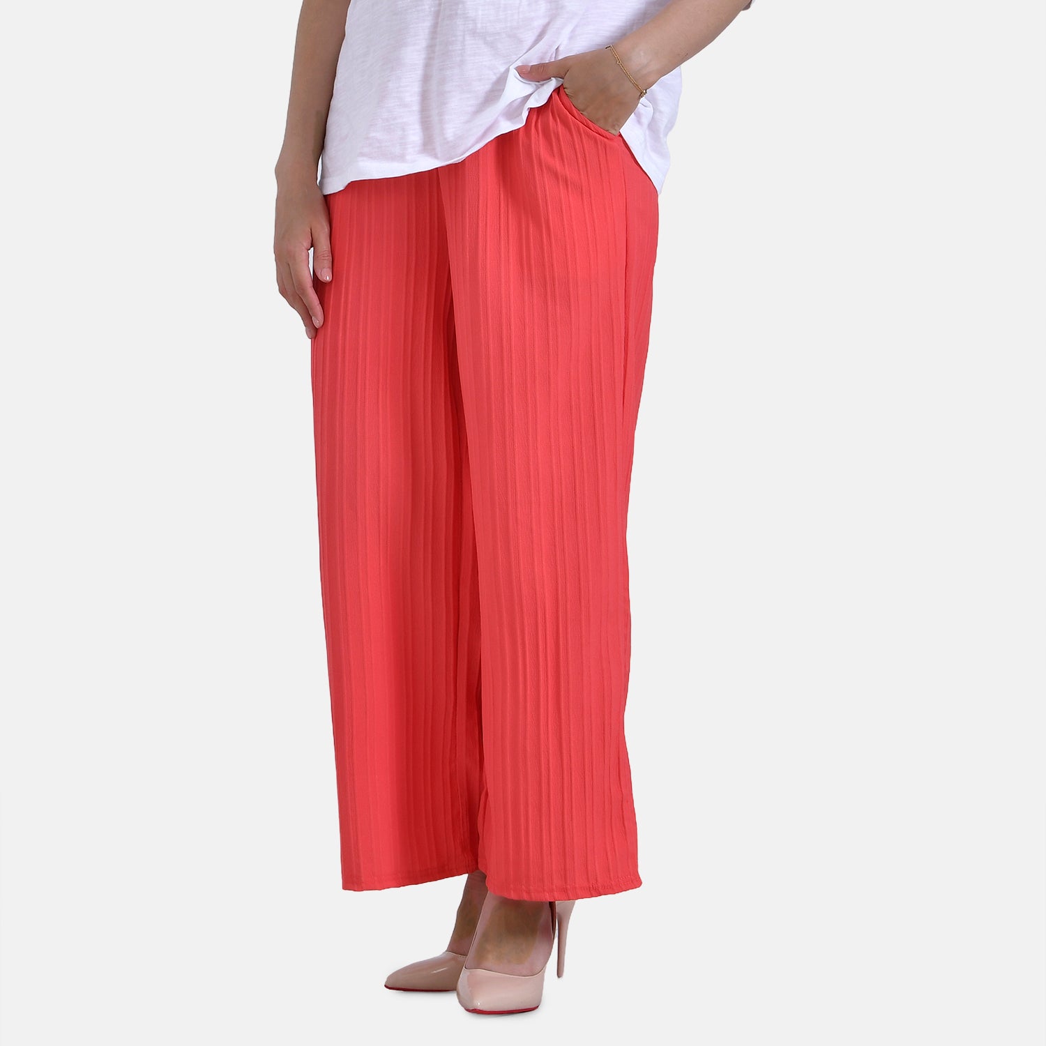 La Marey Womens High Waist Flowy Wide Leg Trousers with Vertical Pleats (Size 12 to 14) - Red V32521992 4