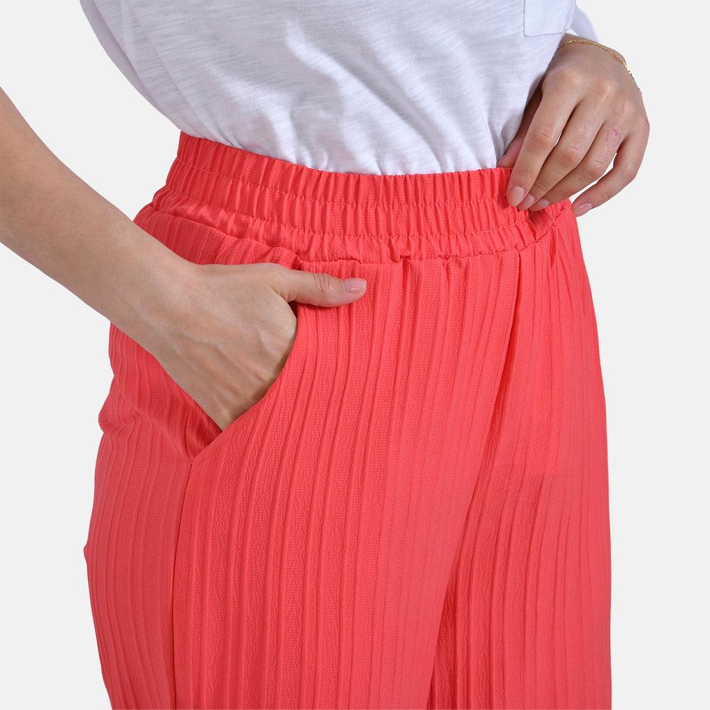La Marey Womens High Waist Flowy Wide Leg Trousers with Vertical Pleats (Size 12 to 14) - Red_7788667_4
