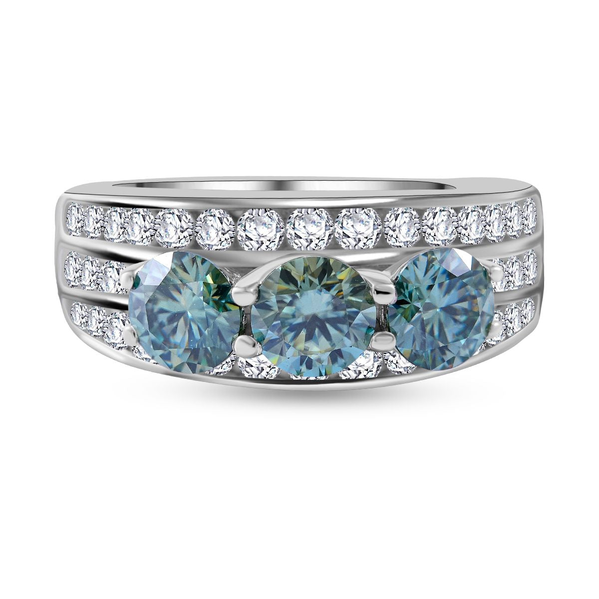 First Time Ever - Paraiba Colour Moissanite Trilogy Ring in Rhodium Overlay Sterling Silver 2.10 Ct. V32539924 0