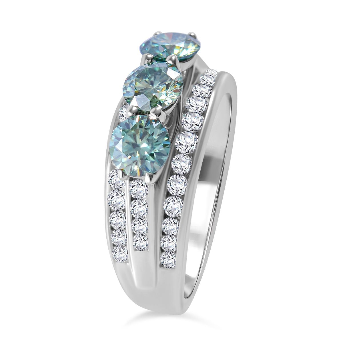 First Time Ever - Paraiba Colour Moissanite Trilogy Ring in Rhodium Overlay Sterling Silver 2.10 Ct. V32539924 4