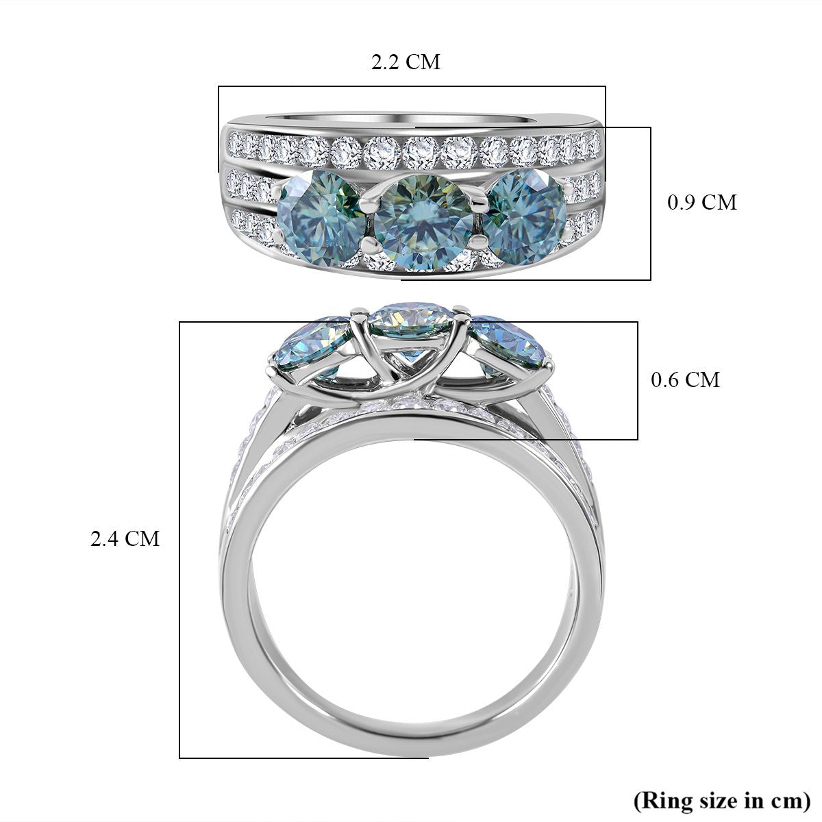 First Time Ever - Paraiba Colour Moissanite Trilogy Ring in Rhodium Overlay Sterling Silver 2.10 Ct. V32539924 6