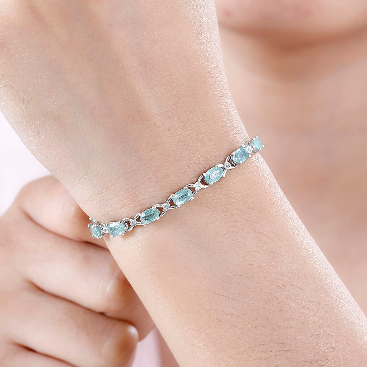 Mint Kyanite &amp; White Zircon Link Bracelet (Size - 8) in Platinum Overlay Sterling Silver V32534307 3