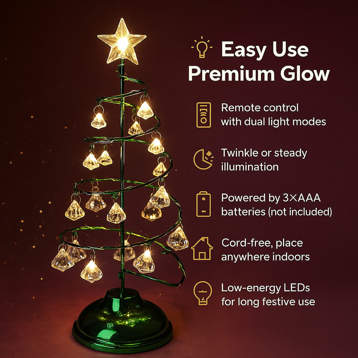 LED Christmas Tree - Green - 19 Crystals - (3xAAA batteries not inc) 7791951 5