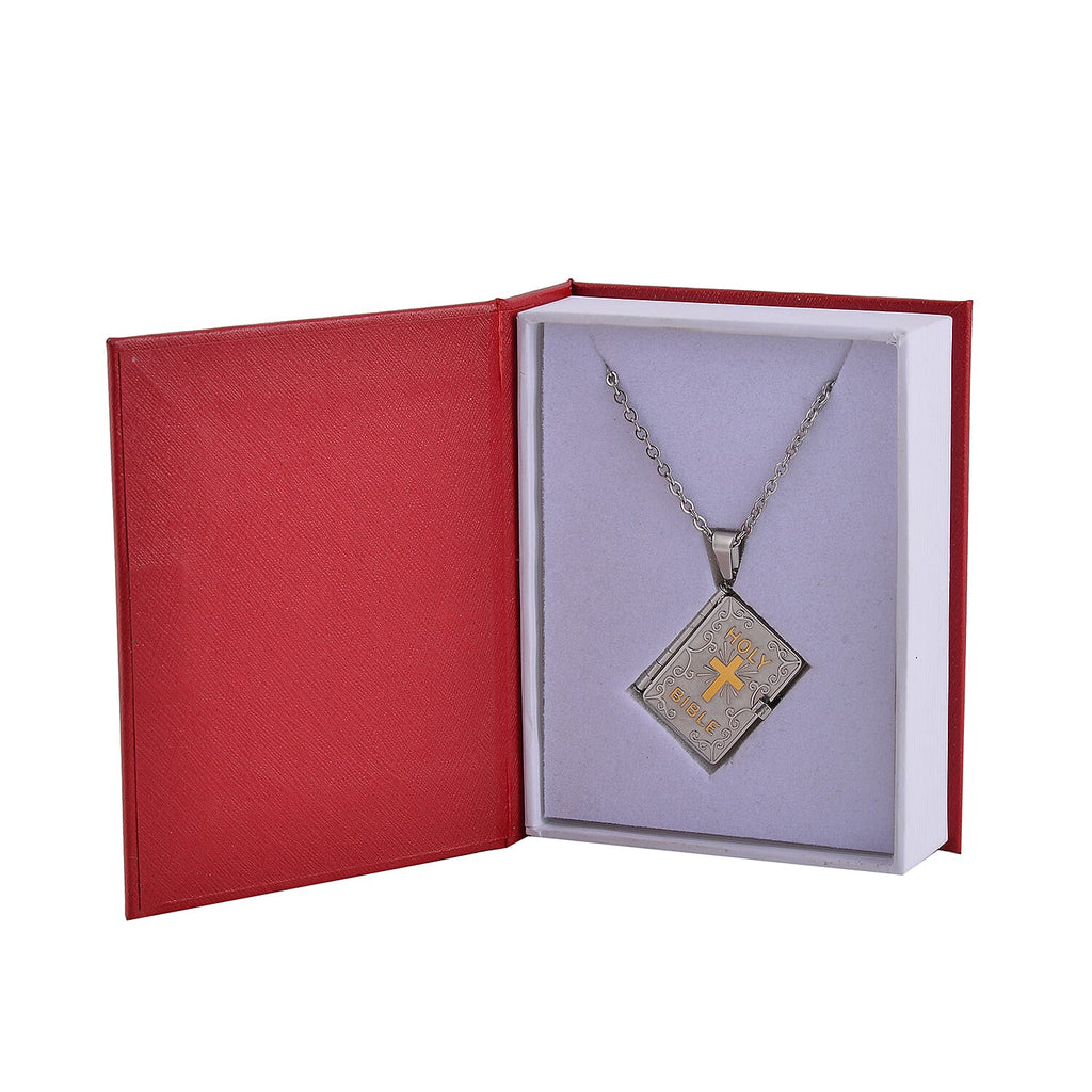 Elegant Holy Bible Locket Pendant with Adjustable Slider Chain (up to 28 Inches) - includes Premium Presentation Gift Box