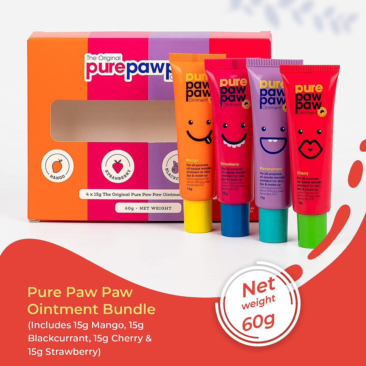 Pure Paw Paw Ointment Bundle (Includes 15g Mango, 15g Blackcurrant, 15g Cherry - 15g Strawberry) 7792876 4