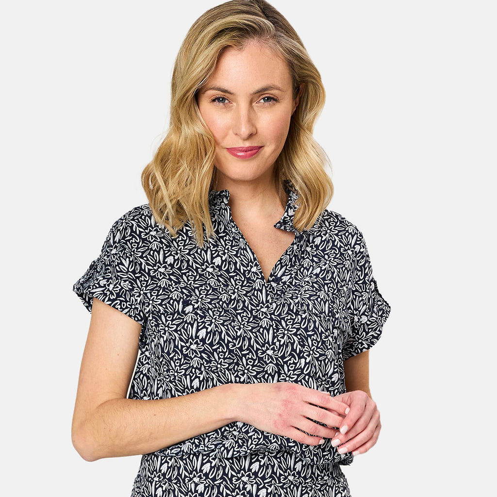 Emreco 100% Viscose Roll Sleeve Relaxed Fit Print Blouse (Size 14) - Navy_7792902